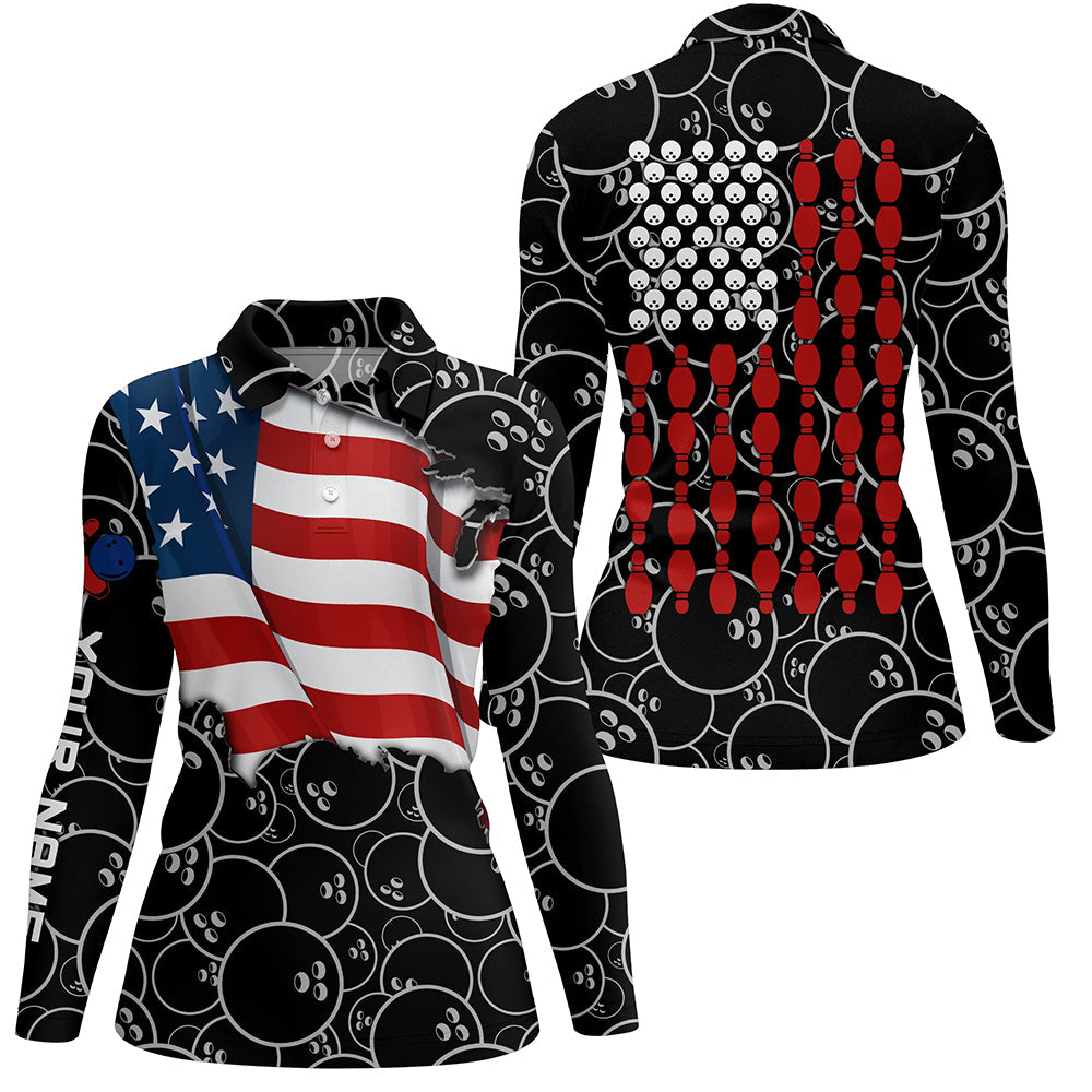 American Flag black camo Bowling Shirt for Women Custom Polo, Quarter Zip shirt, Team Patriots Bowlers NQS7705