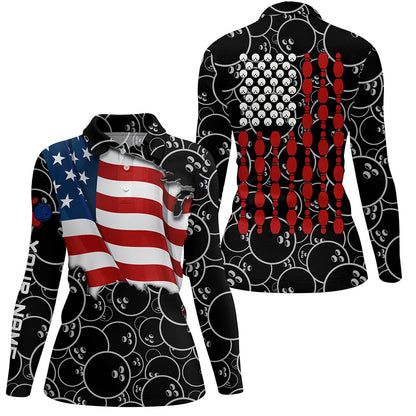 American Flag black camo Bowling Shirt for Women Custom Polo, Quarter Zip shirt, Team Patriots Bowlers NQS7705