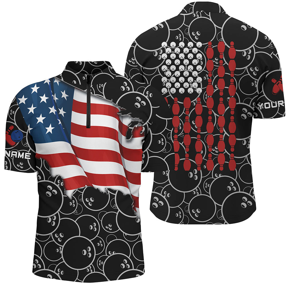 American Flag black camo Bowling Shirt for Men Custom Polo, Quarter Zip shirts, Team Patriots Bowlers NQS7705
