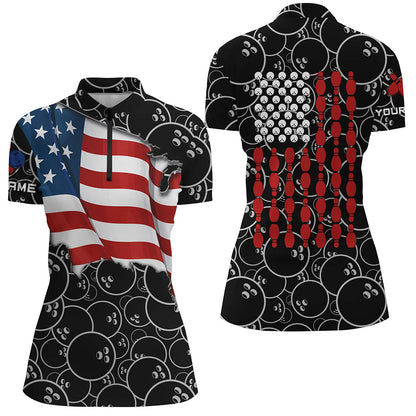 American Flag black camo Bowling Shirt for Women Custom Polo, Quarter Zip shirt, Team Patriots Bowlers NQS7705