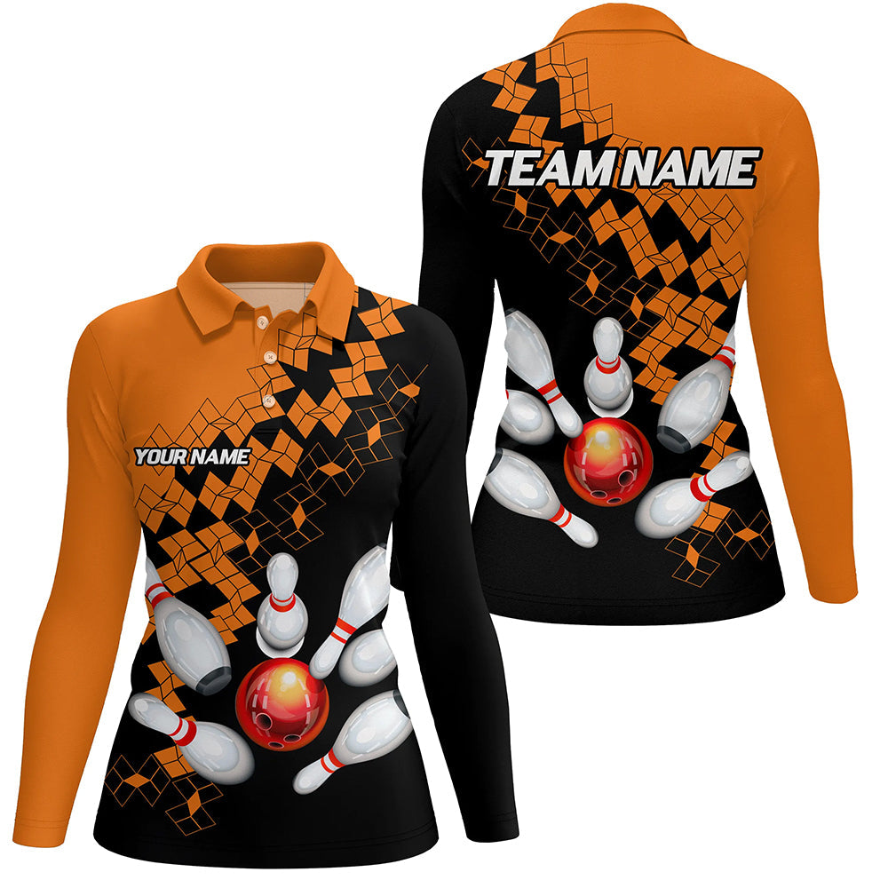 Black and Orange bowling jerseys Polo, 1/4 Zip Shirt for Women Custom Bowling Team shirts for bowlers NQS7708