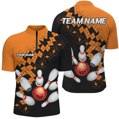 Black and Orange bowling jerseys Polo, 1/4 Zip Shirt for Men Custom Bowling Team shirts for bowlers NQS7708