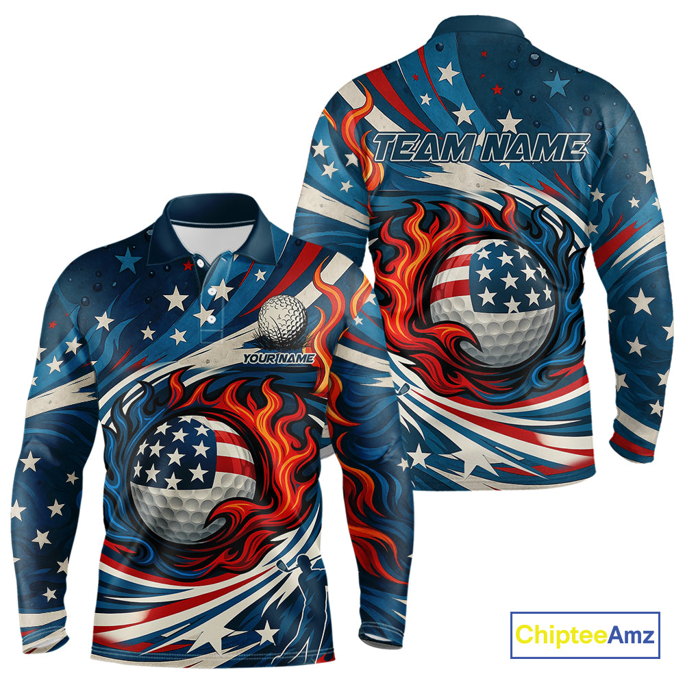 American Flag pattern Flame golf ball Mens Golf polo shirts Custom patriotic Golf Outfit For Mens NQS10038