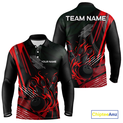Black and Red Flame Bowling Polo, Quarter Zip Shirts For Men Custom Bowling Outfit Team Jerseys NQS10192