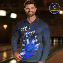 Load image into Gallery viewer, Blue Camo strike Men's Bowling Polo, Quarter Zip Shirt Custom Team Bowling jersey, gift for bowler NQS10343