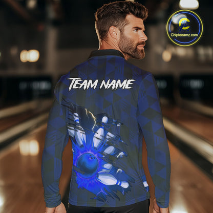 Blue Camo strike Men's Bowling Polo, Quarter Zip Shirt Custom Team Bowling jersey, gift for bowler NQS10343