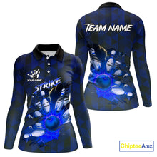 Load image into Gallery viewer, Blue Camo strike Women's Bowling Polo, Quarter Zip Shirt Custom Team Bowling jersey, gift for bowler NQS10343