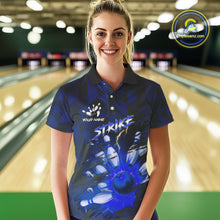 Load image into Gallery viewer, Blue Camo strike Women's Bowling Polo, Quarter Zip Shirt Custom Team Bowling jersey, gift for bowler NQS10343