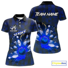 Load image into Gallery viewer, Blue Camo strike Women's Bowling Polo, Quarter Zip Shirt Custom Team Bowling jersey, gift for bowler NQS10343