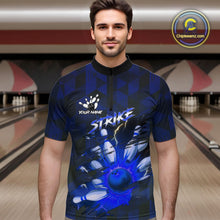 Load image into Gallery viewer, Blue Camo strike Men's Bowling Polo, Quarter Zip Shirt Custom Team Bowling jersey, gift for bowler NQS10343