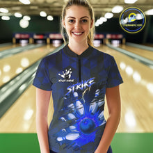 Load image into Gallery viewer, Blue Camo strike Women's Bowling Polo, Quarter Zip Shirt Custom Team Bowling jersey, gift for bowler NQS10343