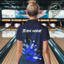 Load image into Gallery viewer, Blue Camo strike Women's Bowling Polo, Quarter Zip Shirt Custom Team Bowling jersey, gift for bowler NQS10343