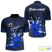 Load image into Gallery viewer, Blue Camo strike Men's Bowling Polo, Quarter Zip Shirt Custom Team Bowling jersey, gift for bowler NQS10343