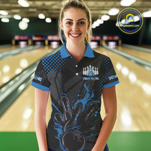 Load image into Gallery viewer, Personalized Black and Blue Flame Bowling Polo, 1/4 Zip Shirts For Women, Custom bowling Team Jerseys NQS10771