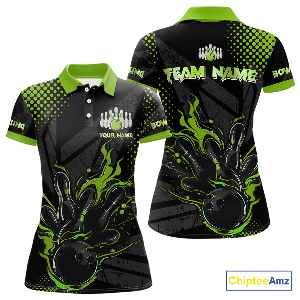 Personalized Black and Green Flame Bowling Polo, 1/4 Zip Shirts For Women, Custom bowling Team Jersey NQS10772