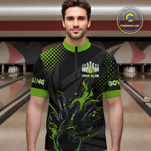 Load image into Gallery viewer, Personalized Black and Green Flame Bowling Polo, 1/4 Zip Shirts For Men, Custom bowling Team Jerseys NQS10772