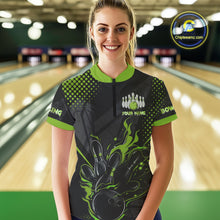 Load image into Gallery viewer, Personalized Black and Green Flame Bowling Polo, 1/4 Zip Shirts For Women, Custom bowling Team Jersey NQS10772