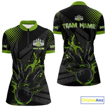 Load image into Gallery viewer, Personalized Black and Green Flame Bowling Polo, 1/4 Zip Shirts For Women, Custom bowling Team Jersey NQS10772