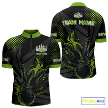 Load image into Gallery viewer, Personalized Black and Green Flame Bowling Polo, 1/4 Zip Shirts For Men, Custom bowling Team Jerseys NQS10772