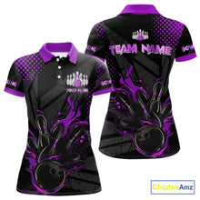 Load image into Gallery viewer, Personalized Black and Purple Flame Bowling Polo, 1/4 Zip Shirt For Women, Custom bowling Team Jersey NQS10773