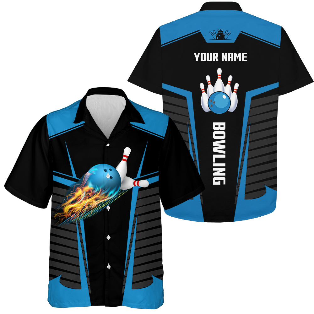 Customize Hawaiian bowling shirts with flame bowling balls and pins black blue bowling shirts for men NQS4464