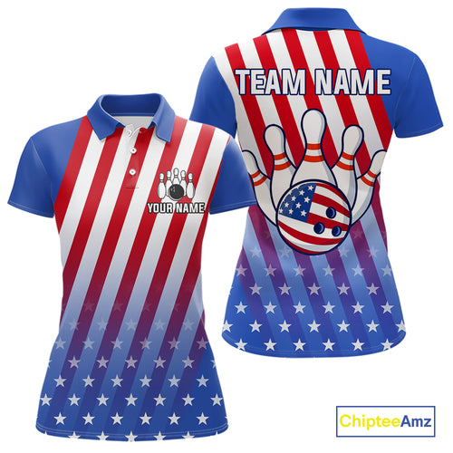 Red, White and Blue US Flag Bowling Shirts for Women Custom Patriotic Bowling Team Jerseys NQS11148