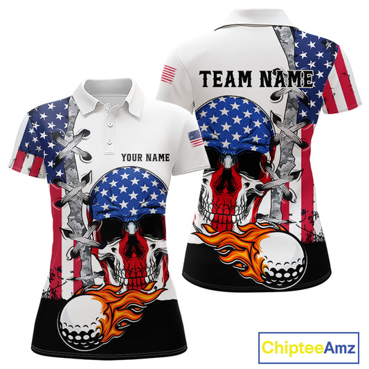 American Flag Skull Flame Golf Ball Womens Golf Polo shirts Custom Patriotic golf attire for ladies NQS11695