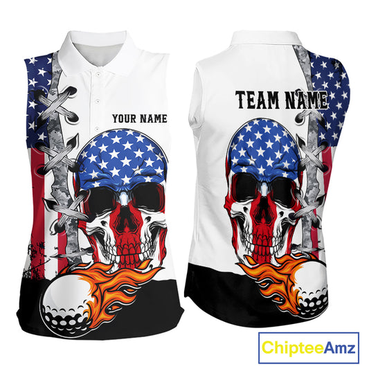 American Flag Skull Flame Golf Ball Sleeveless Golf Polo shirt Custom Patriotic golf attire for ladie NQS11695