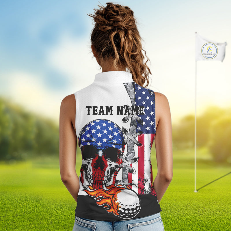 American Flag Skull Flame Golf Ball Sleeveless Golf Polo shirt Custom Patriotic golf attire for ladie NQS11695