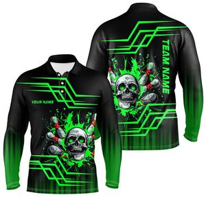 Black and green bowling skull polo, Quarter zip Shirts for men Custom team Bowling jerseys, bowl gifts NQS7956