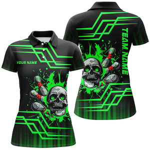 Black and green bowling skull polo, Quarter zip Shirts for women Custom team Bowling jerseys NQS7956