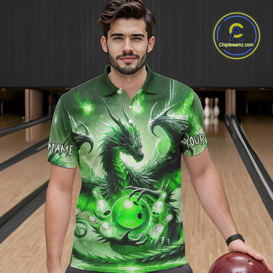 Personalized Green Lights Dragon Mens Bowling Polo, 1/4 Zip Shirt Custom Team Bowling League Jersey NQS10199
