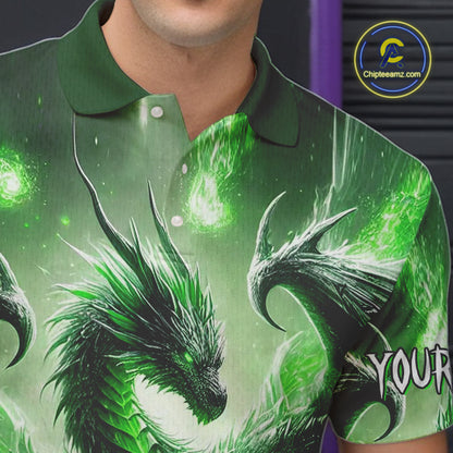 Personalized Green Lights Dragon Mens Bowling Polo, 1/4 Zip Shirt Custom Team Bowling League Jersey NQS10199