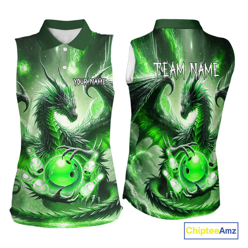 Personalized Green Lights Dragon Bowling sleeveless polo Shirt Custom Team Bowling League Jersey NQS10199