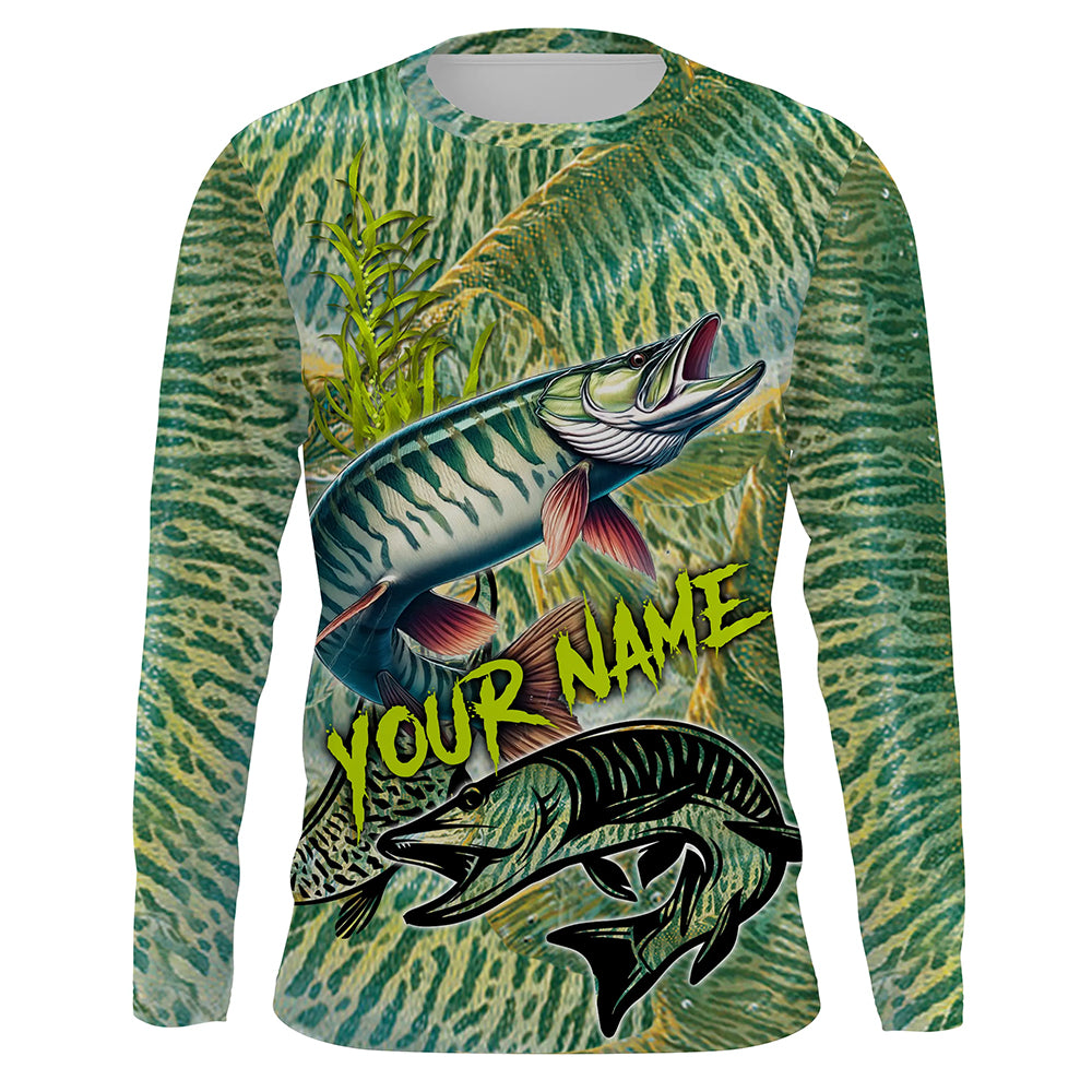 Personalized Muskellunge Fishing jerseys, Musky green scales long sleeve fishing shirts NQS3684