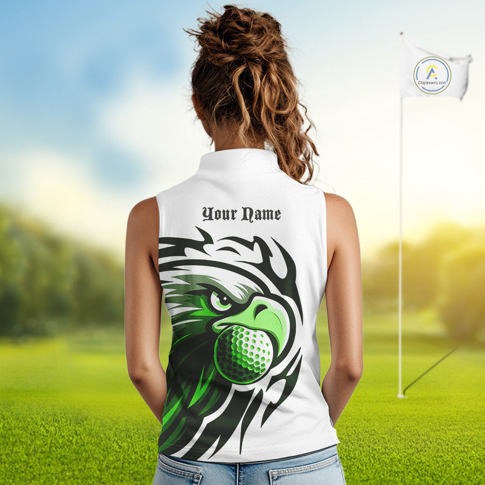 Women sleeveless polo shirt custom Green Eagle golf ball white golf tops, team golf attire for ladies NQS10554