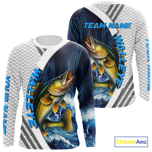 Blue and White Camo Walleye fishing Custom name sun protection Walleye fishing team jerseys NQS10556