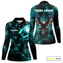 Load image into Gallery viewer, Cyan Blue lightning thunder bowling American flag Eagle custom Womens Bowling Polo, Quarter Zip Shirt NQS10558