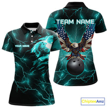 Load image into Gallery viewer, Cyan Blue lightning thunder bowling American flag Eagle custom Womens Bowling Polo, Quarter Zip Shirt NQS10558