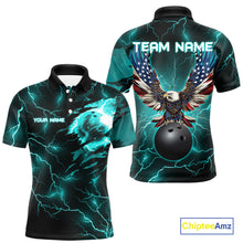 Load image into Gallery viewer, Cyan Blue lightning thunder bowling American flag Eagle custom Mens Bowling Polo, Quarter Zip Shirts NQS10558