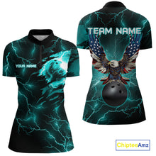 Load image into Gallery viewer, Cyan Blue lightning thunder bowling American flag Eagle custom Mens Bowling Polo, Quarter Zip Shirts NQS10558