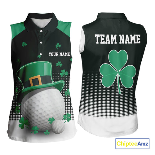 Green clover Golf Ball Women's Sleeveless polo golf shirts Custom St Patrick team golf top for ladies NQS10777
