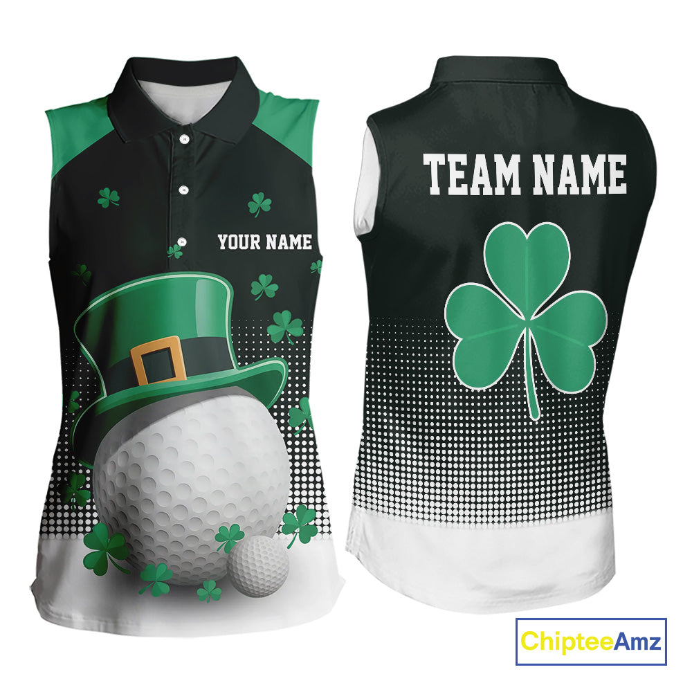 Green clover Golf Ball Women's Sleeveless polo golf shirts Custom St Patrick team golf top for ladies NQS10777