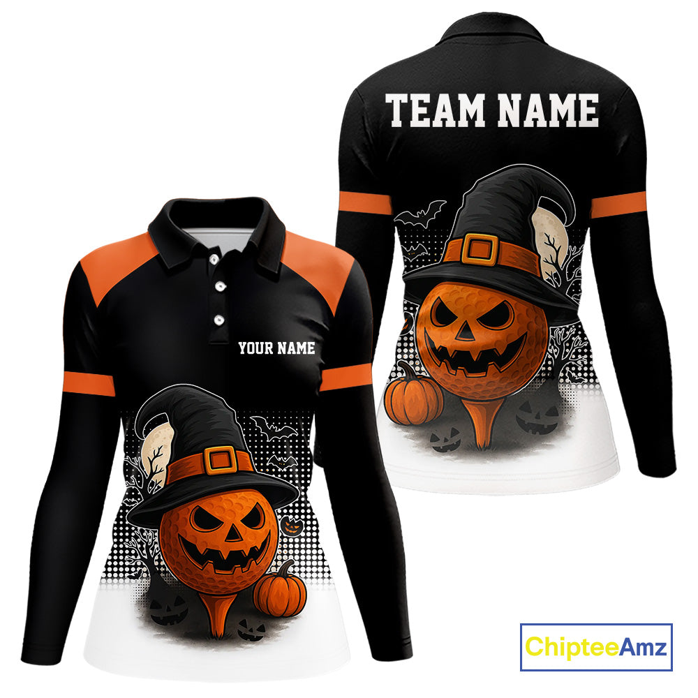 Black and Orange Funny pumpkin Golf Ball Women golf polo shirt Custom Halloween team ladies golf wear NQS10778