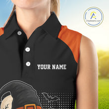 Load image into Gallery viewer, Black &amp; Orange Funny pumpkin Golf Ball Women Sleeveless polo shirt Custom Halloween ladies golf wear NQS10778