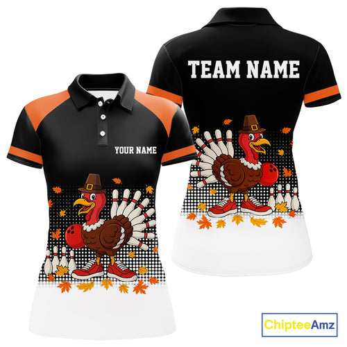 Black and Orange Turkey Bowling Polo, 1/4 Zip Shirt For Women Custom Thanksgiving team Bowling jersey NQS10779