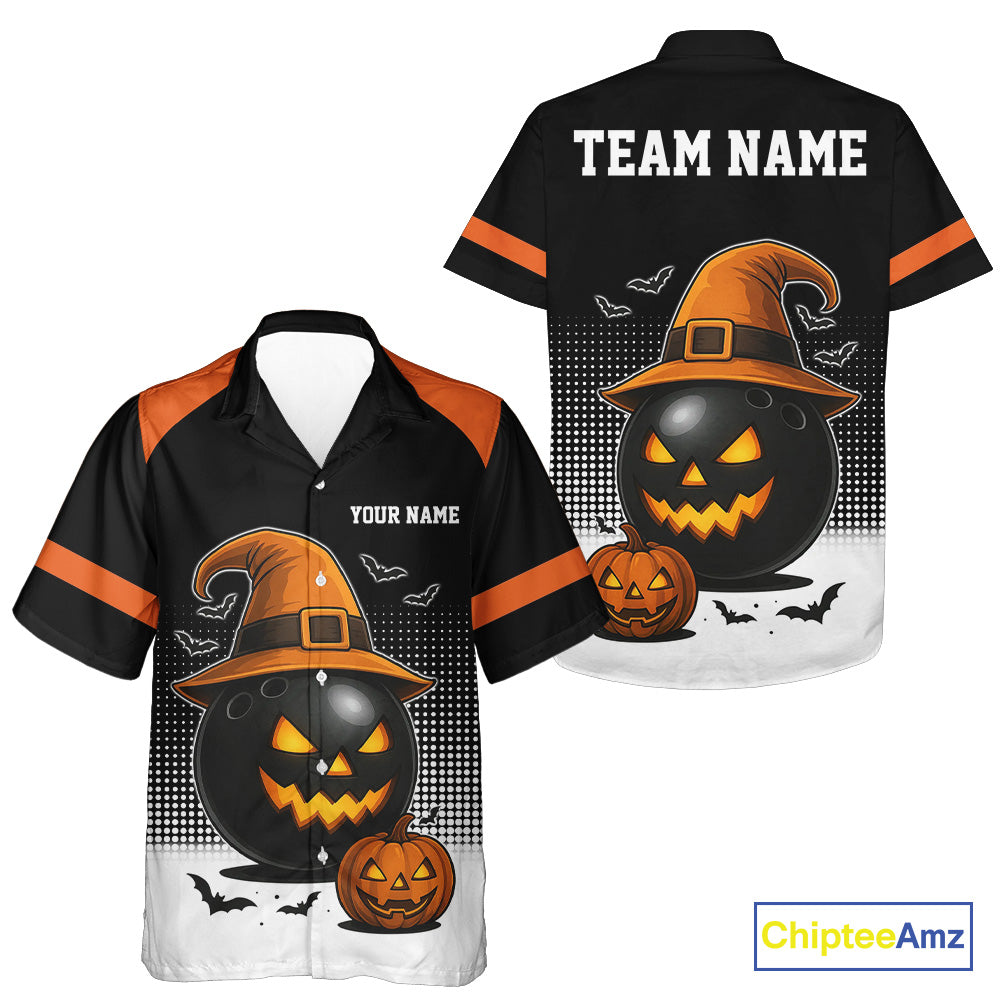 Black and Orange Funny Halloween Bowling Hawaiian Shirt Custom team Bowling jersey NQS10780