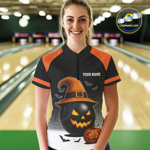 Load image into Gallery viewer, Black and Orange Funny Halloween Bowling Polo, 1/4 Zip Shirts For Women Custom team Bowling jersey NQS10780