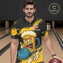 Load image into Gallery viewer, Black And Yellow Funny Beer Bowling Men Polo, 1/4 Zip Shirts Custom Angry Beer Glass Bowling Jersey NQS10784