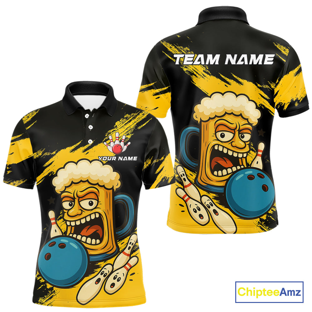 Black And Yellow Funny Beer Bowling Men Polo, 1/4 Zip Shirts Custom Angry Beer Glass Bowling Jersey NQS10784